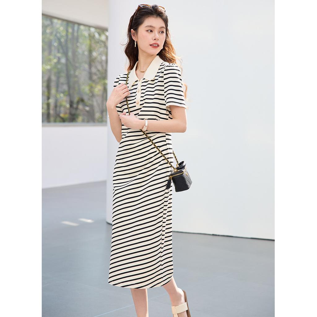 26 Year New Summer Fashionable Versatile Polo Collar Horizontal Striped Knitted Skirt, Hip Hugging Skirt, Mid Length Skirt, Dress