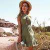 Halter Neck Women's Short Dress Green Cotton Linen Solid Color Pleated High Waist Cutout Summer Sizes S To XL