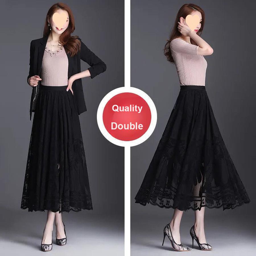 Trendy Lace Trim Long Maxi Skirt, Slimming Effect Mesh Fairy Ruffles Dress