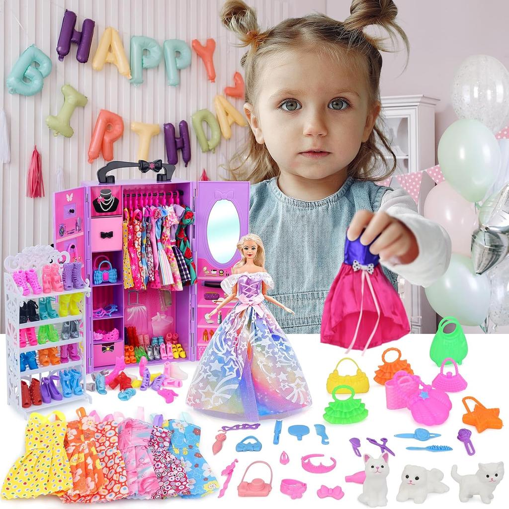 Girl Doll Clothes and Accessories Girl Doll Closet Wardrobe with Clothes, Dresses, Shoes and Other Girl Doll Stuff for 11.5 Inch Girl Doll Clothes as