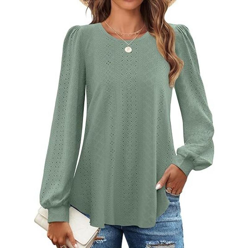Women's Fashion Casual Solid Color Print Long Sleeve O Neck Blouses & Shirts