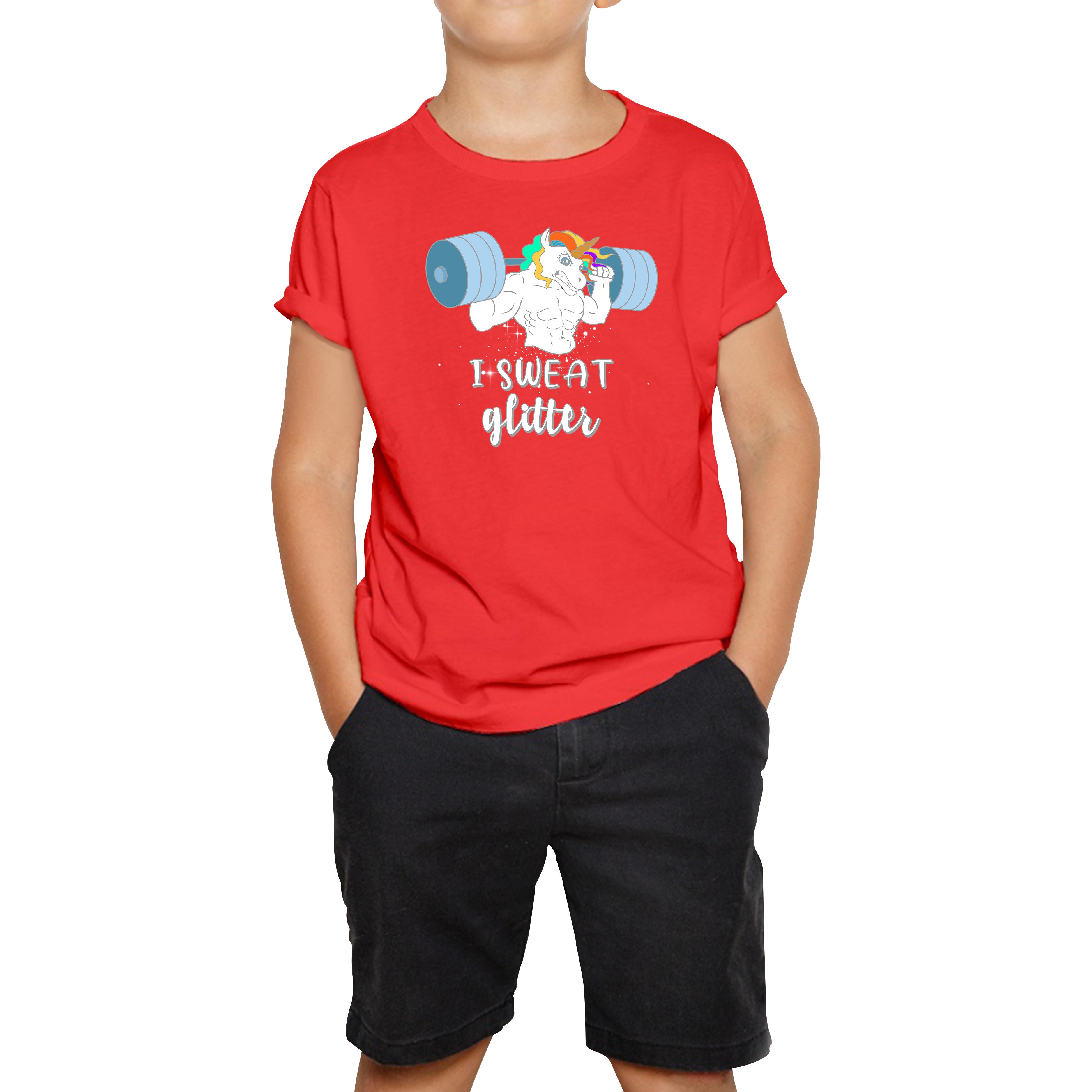 I Sweat Glitter Weightlifting Unicorn Gym Kids T Shirt 120