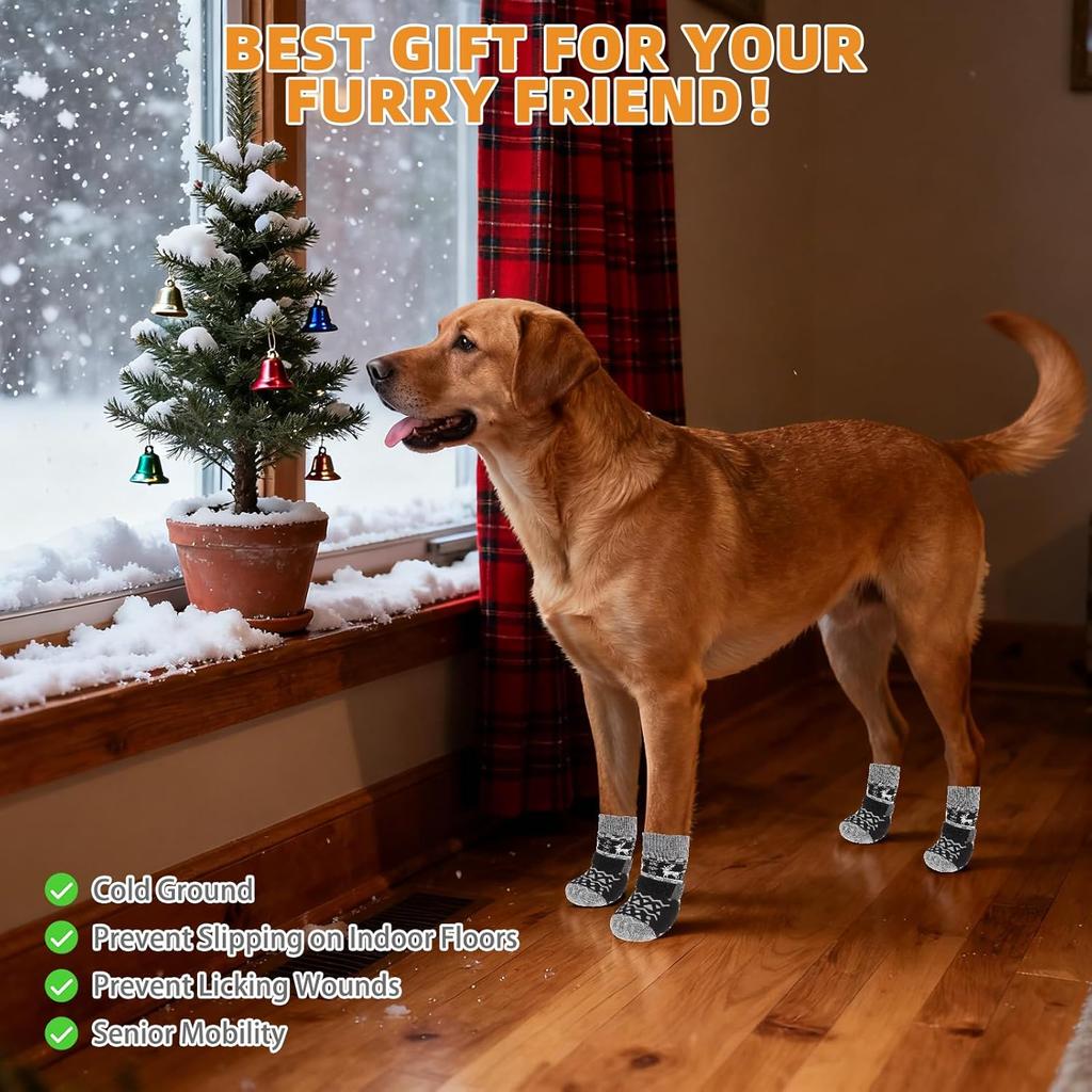 KOOLTAIL Dog Socks to Prevent Licking Paws, Dog Christmas Outfit Shoes for Winter Snow Pavement, Warm Fleece Pet Boots & Paw Protector for Hardwood