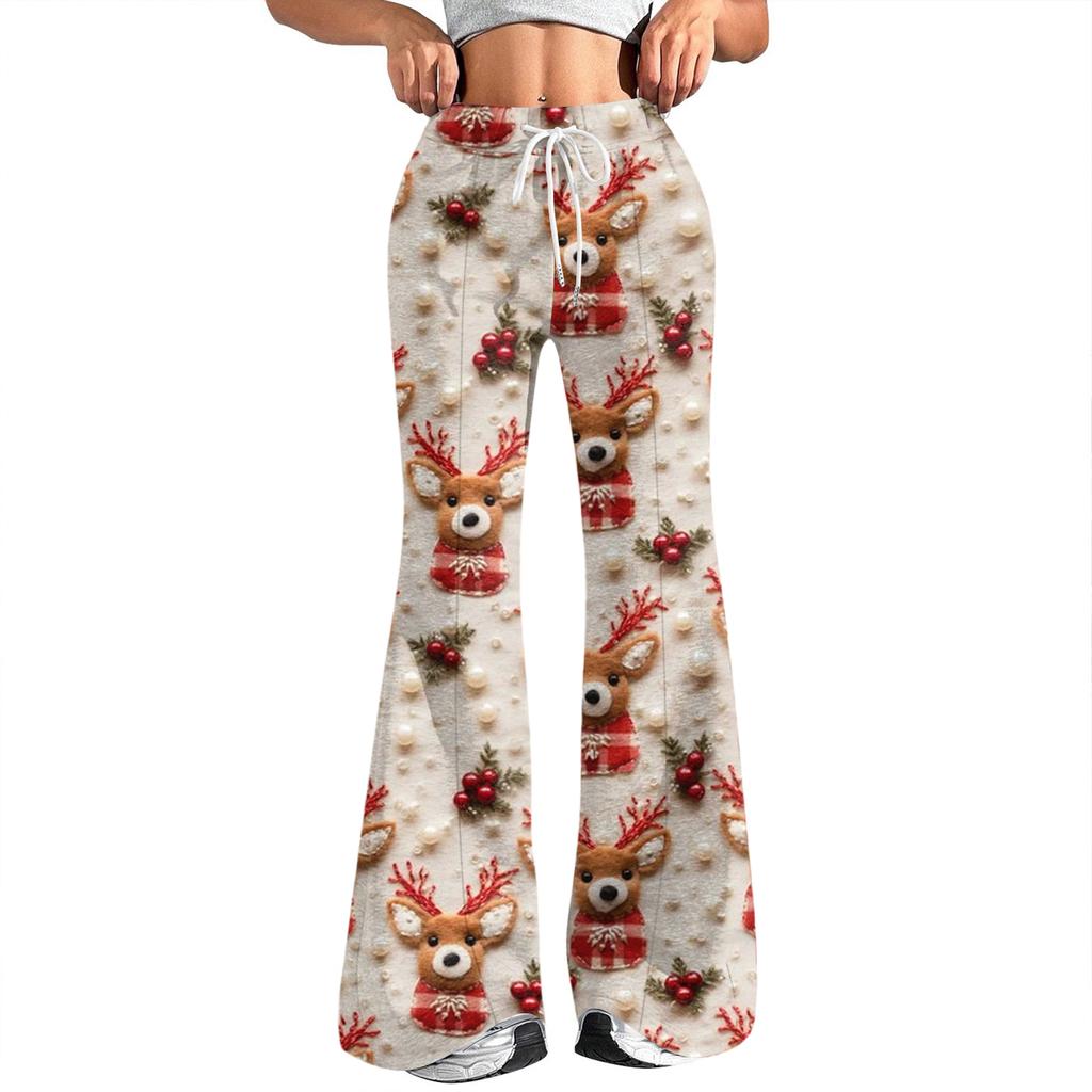 Women's Fashion Loose Drawstring Waist Christmas Printed Casual Sports Pants Casual Flared Pants