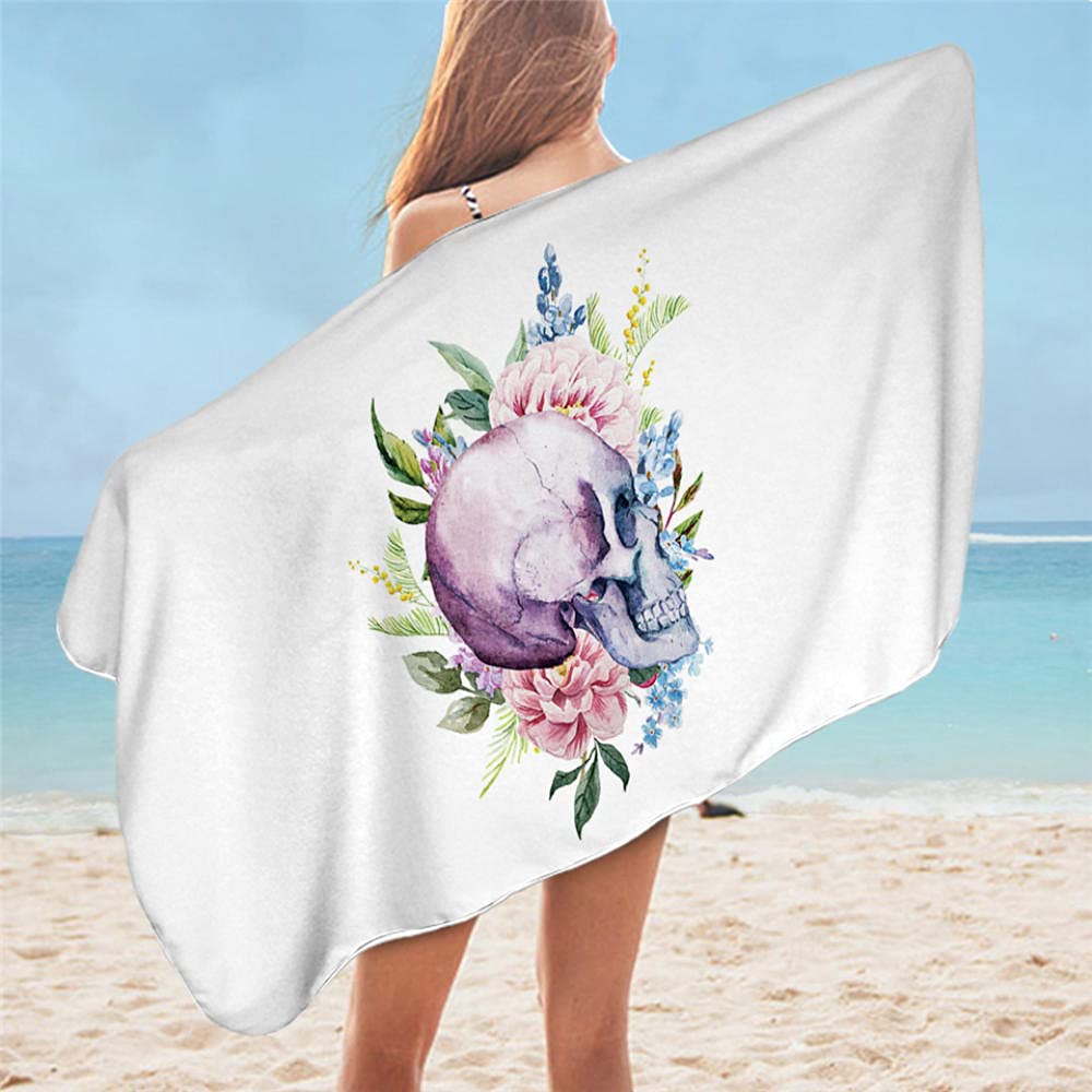 Schädel Strandtuch Mikrofaser Schnelltrocknend Strand Blumenmuster Reise Fitness Spa Damen Mädchen Blume Rose Schädel Große Strandtücher