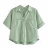 Kaslead New Arrival Women's Fashion Style Double Pocket Decorative Curling Cuff Loose Slim Looking Short Sleeve Shirt