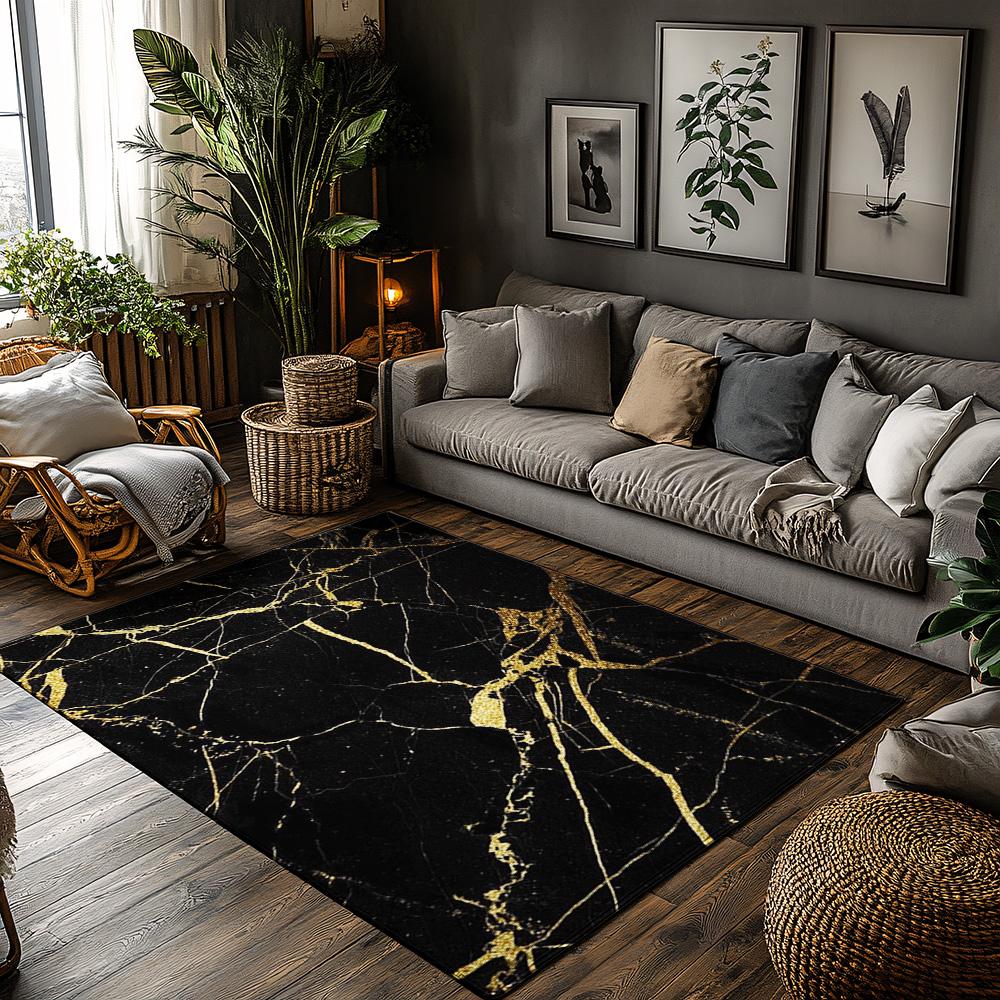 

Marble Pattern Area Rug, Black Gold Geometric Carpet for Living Room, Plush Non-Slip Sofa Mat with Luxury Accent Decor 50x80cm
