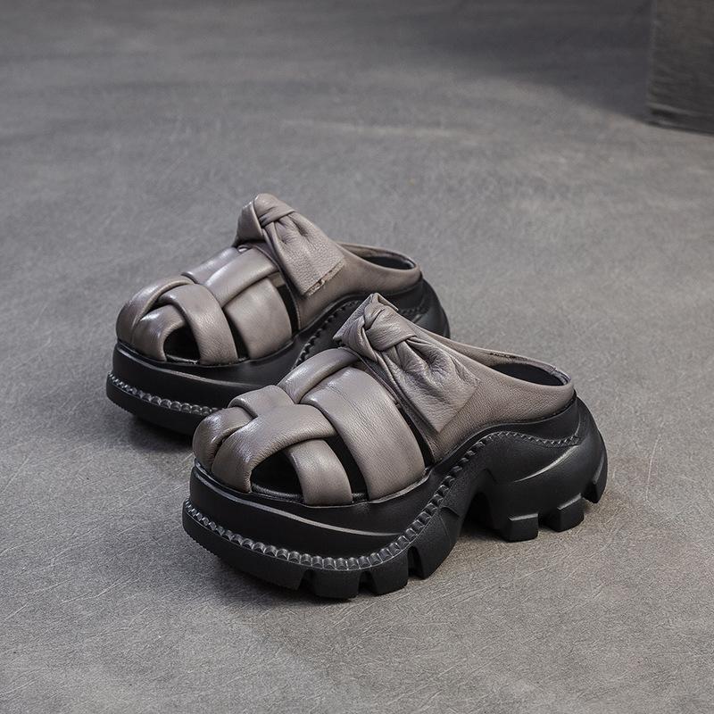 Fashion GKTINOO Retro Height Increasing Genuine Leather Slippers 2025 Summer New Hollow-out Lightweight Women's Platform Shoes