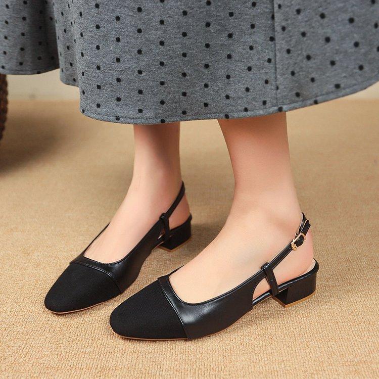 Large Size Color Matching Small Fragrant Wind Low Heel Sandals Women's Thick Heel Sticker Leather Rear Empty Flat Heel Sandals Retro Women's Shoes Lo