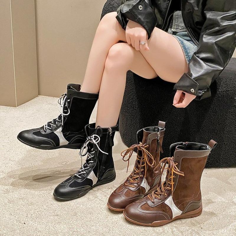 Fashion Heightened Inner Flat High Top Women's 2025 New Square Toe Versatile Lace-up Mid-leg Boots