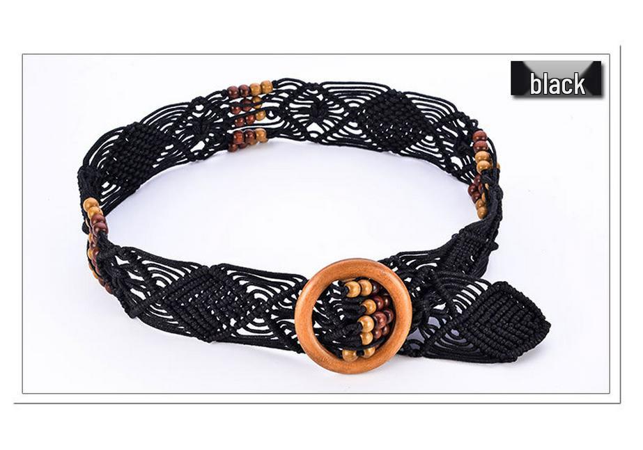 Ethnic Handmade Wax Rope Belt with Wood Buckle and Beads