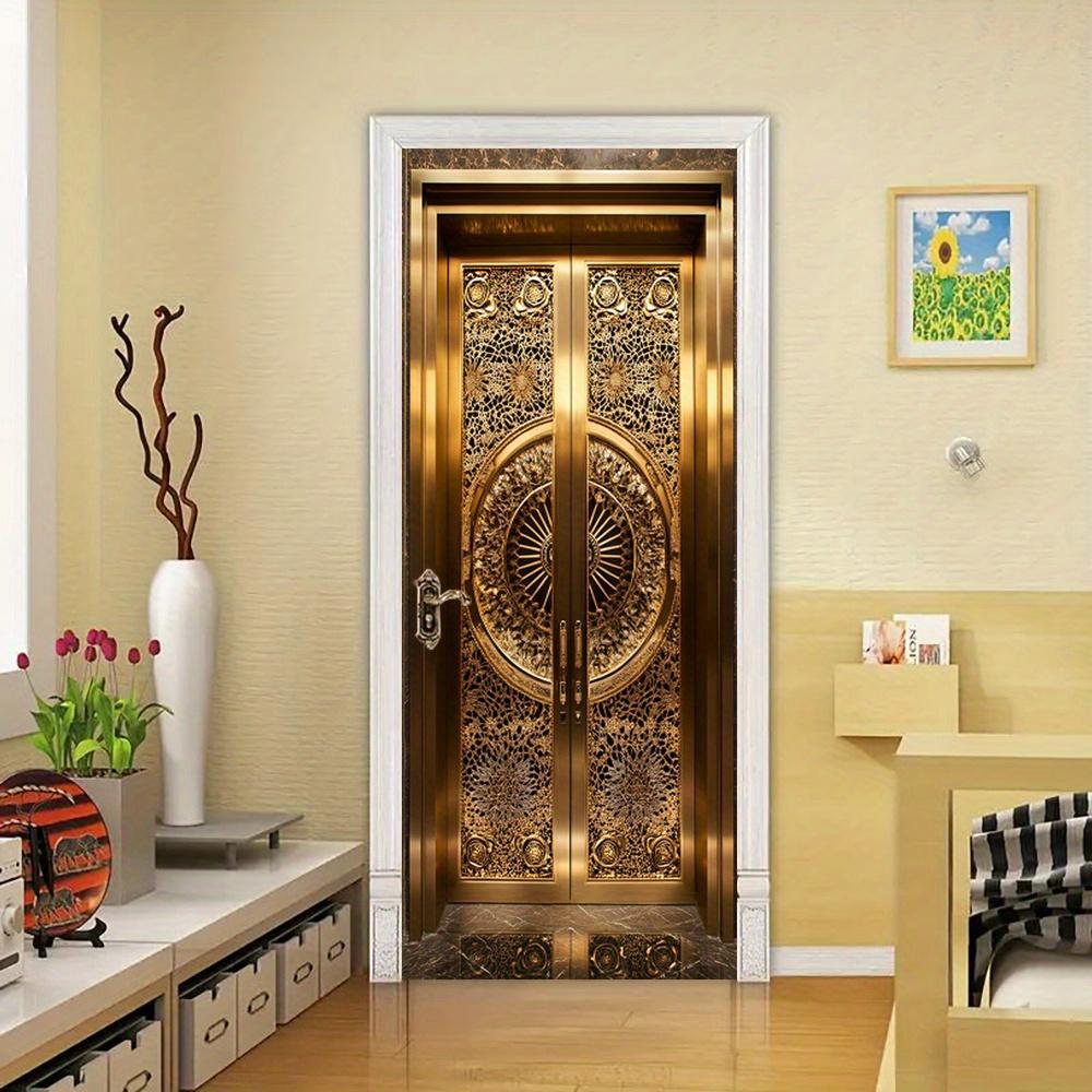 2Pcs1 Luxury Golden Door Mural Stickers, Self-Adhesive, Removable Wall Decoration with Elegant Floral And Geometric Patterns, Mo