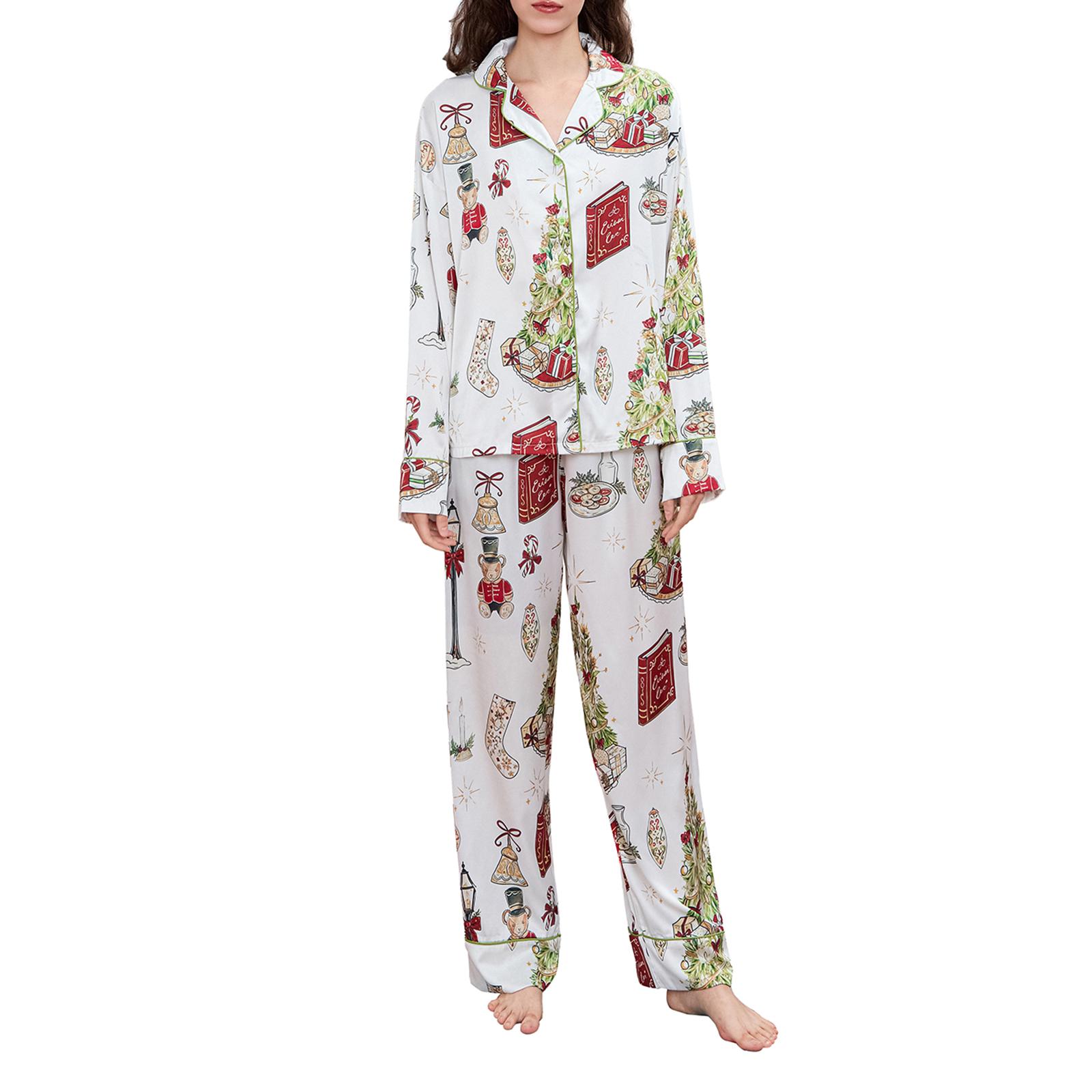 

Женский пижамный комплект из 2 предметов с длинными рукавами, лацканами, рождественским узором, принтом, застежкой на пуговицы, рубашкой и брюками XL
