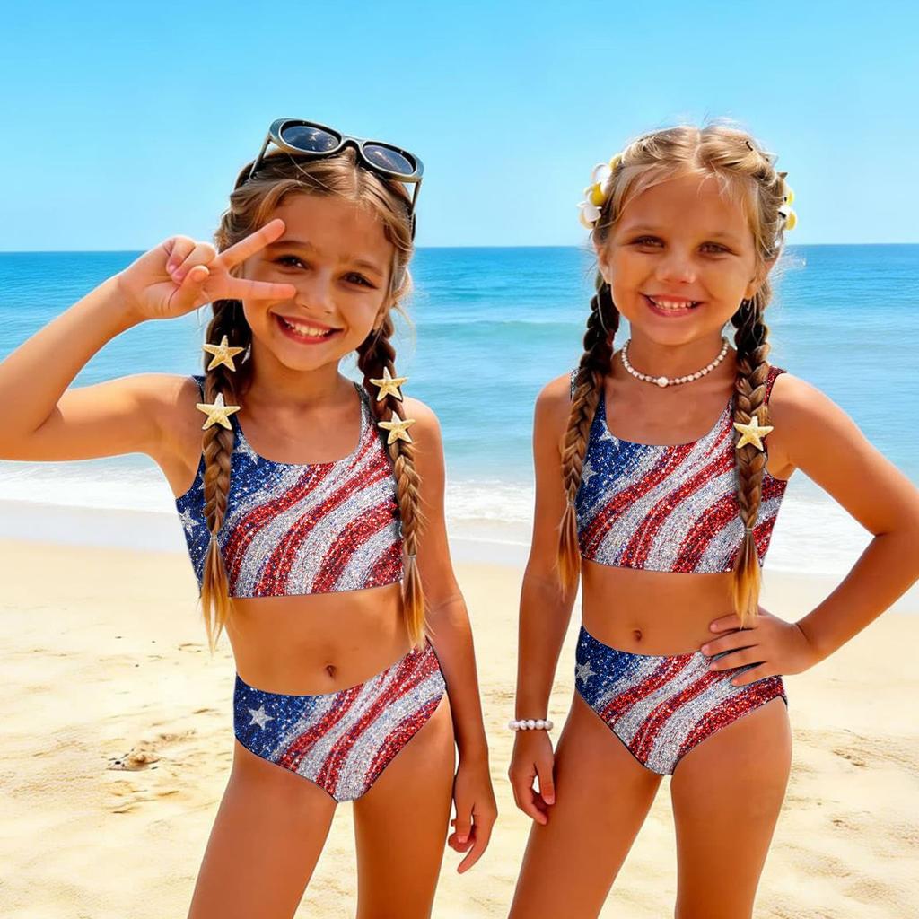 Girls Two Piece Swimsuit Set Summer Tankini Top and High Waist Bottoms Floral Print Lightweight Swimwear for Kids Beach Pool