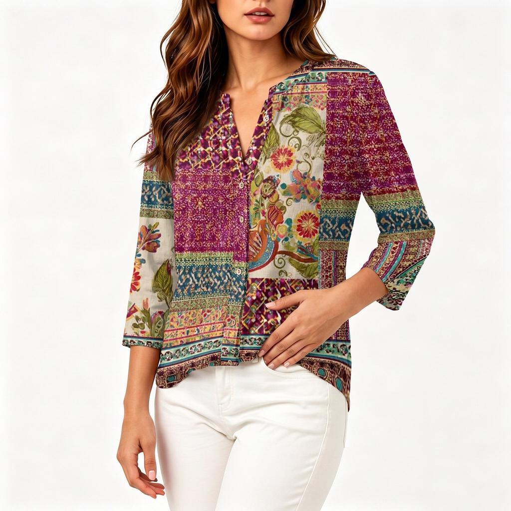 Women's Vintage Floral Print Patchwork Henley Collar Button Down 3/4 Sleeve Cotton Linen Shirt Casual Loose Fit Blouse