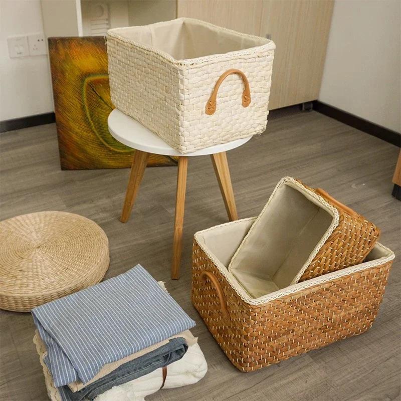 Hand-woven Storage Basket Household Laundry Wicker Baskets with Handles Clothes Container Home Decor Toy Box Basket Storage