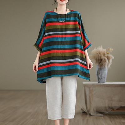 Kurzarm Plus Größe Baumwolle Vintage Streifen Lässig locker langes T-Shirt Tops Damen Sommer T-Shirt