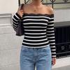 TIFICY Damen Mode Lässig Frühling Herbst Streifenprint Langarm Ein Schulter Blusen & Hemden