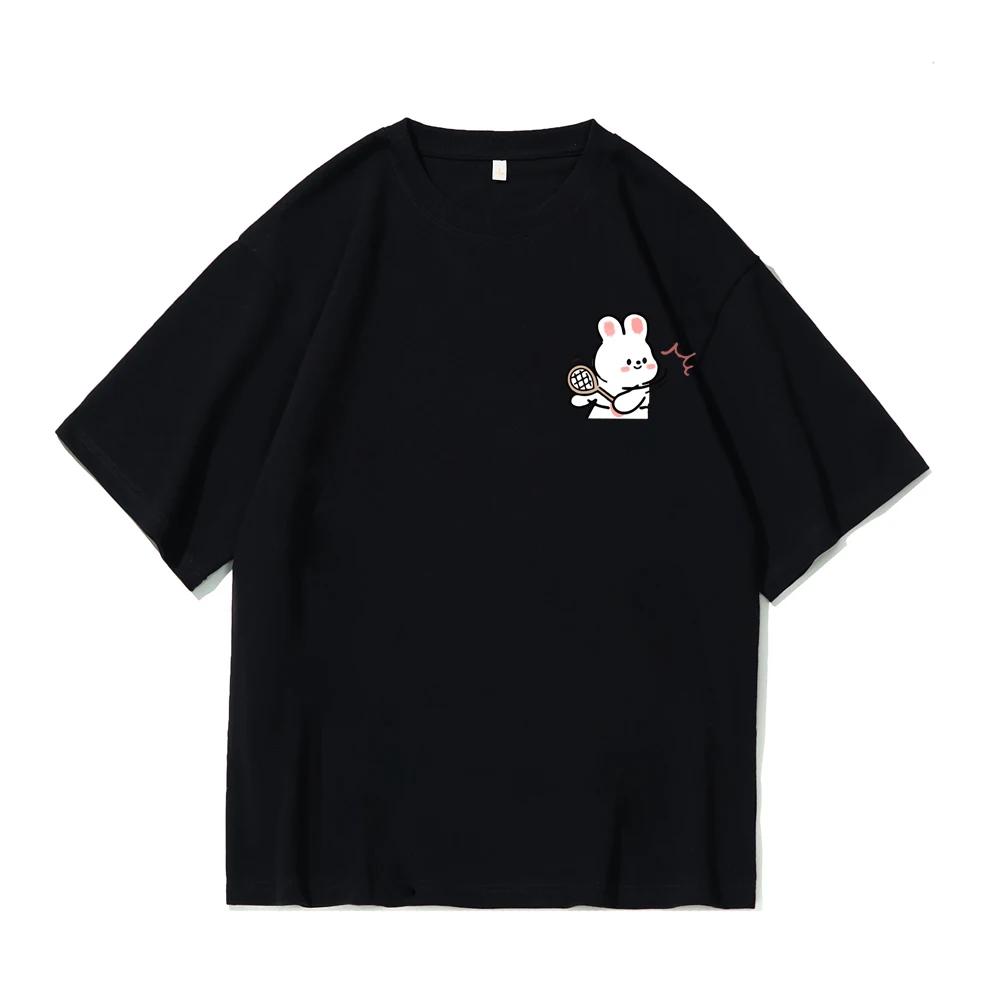 2025 Summer Cartoon Tennis Rabbit Print Couple T-Shirts Tee for Men Women Casual Loose Short Sleeved Tshirts Top