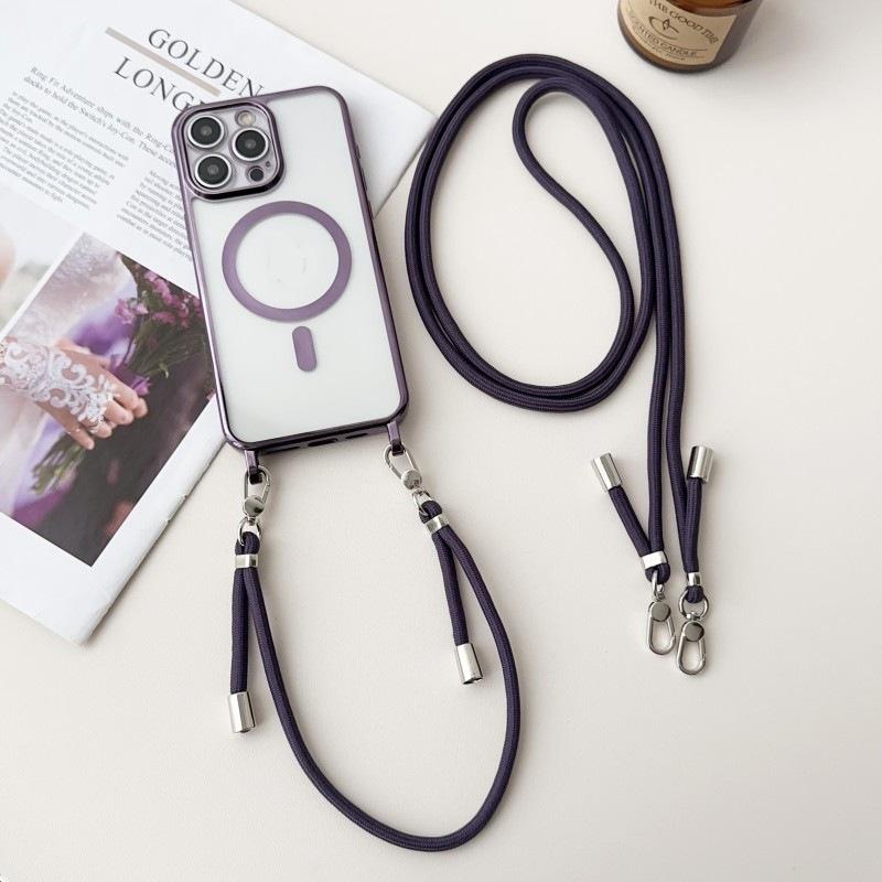 Plating Magnetic Strap Case For iPhone 15 13 12 11 14 16 Pro Max Plus Crossbody Short Long Two Lanyard Necklace Rope Clear Cover