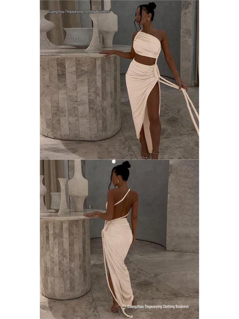 Women's One-Shoulder Ruffled Bandeau Dress: Sexy Summer Backless Split Long Dress