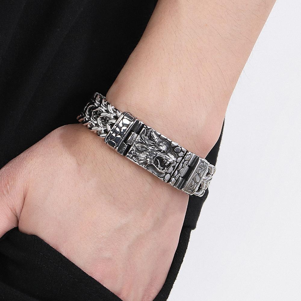 Cool Punk Chinese Loong Dragon Head Bracelet for Men 16MM Width Double Layer Square Franco Chain Bracelets Men's Male Jewellery