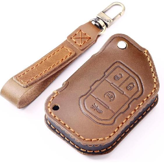 EASYANT Handmade Leather Car Key Fob Cover Compatible with Jeep 2018-2024 Wrangler Gladiator Sahara Rubicon 4 Buttons Black