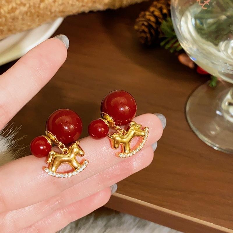 New red pony earrings women's front and rear two wearing natal year pony ear jewelry