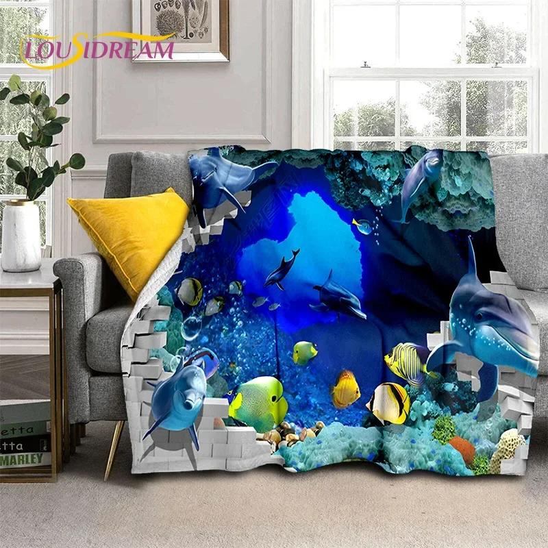 3D Illusion Underwater World Seabed Shark Dolphin Soft Flannel Blanket for Beds Bedroom Sofa Picnic,Throw Blanket Outdoors Gifts