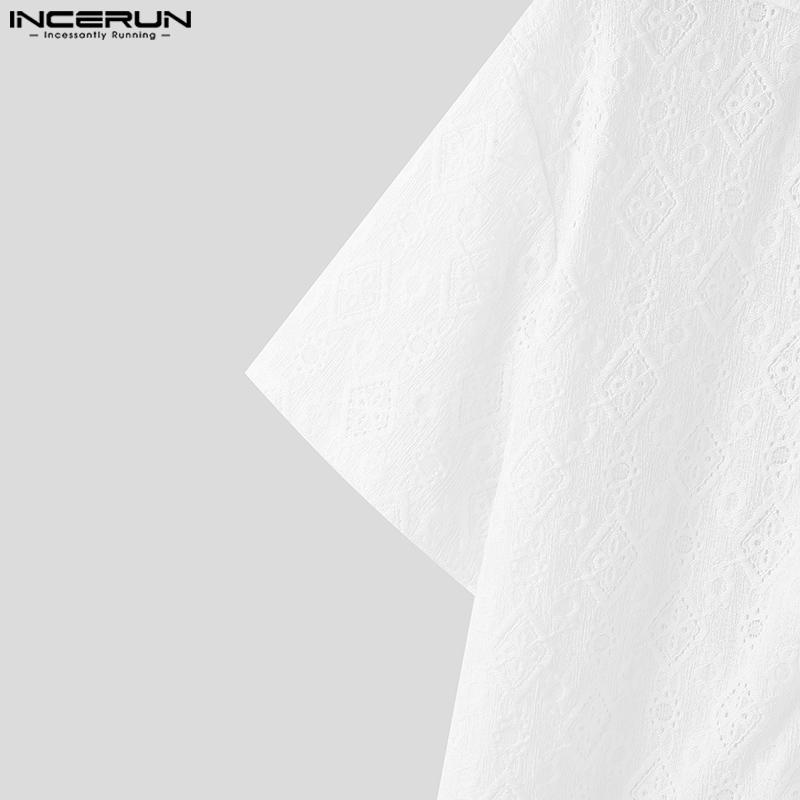 INCERUN Summer Men Short Sleeves Front Lace Patchwork See Through Loose Shirts