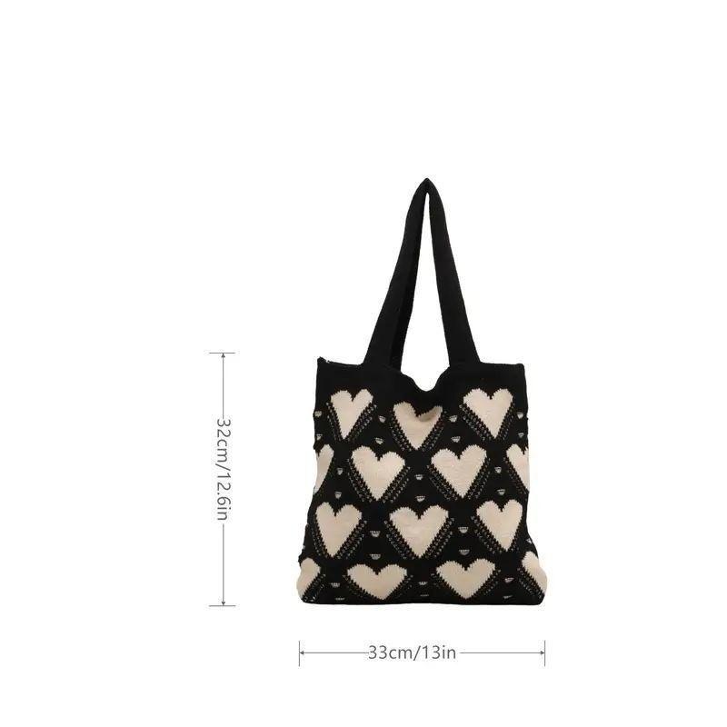 2026 New Ins Style Knitted Tote Bag with Heart Pattern Large Capacity Shoulder Bag for Women Daily Use and Shopping