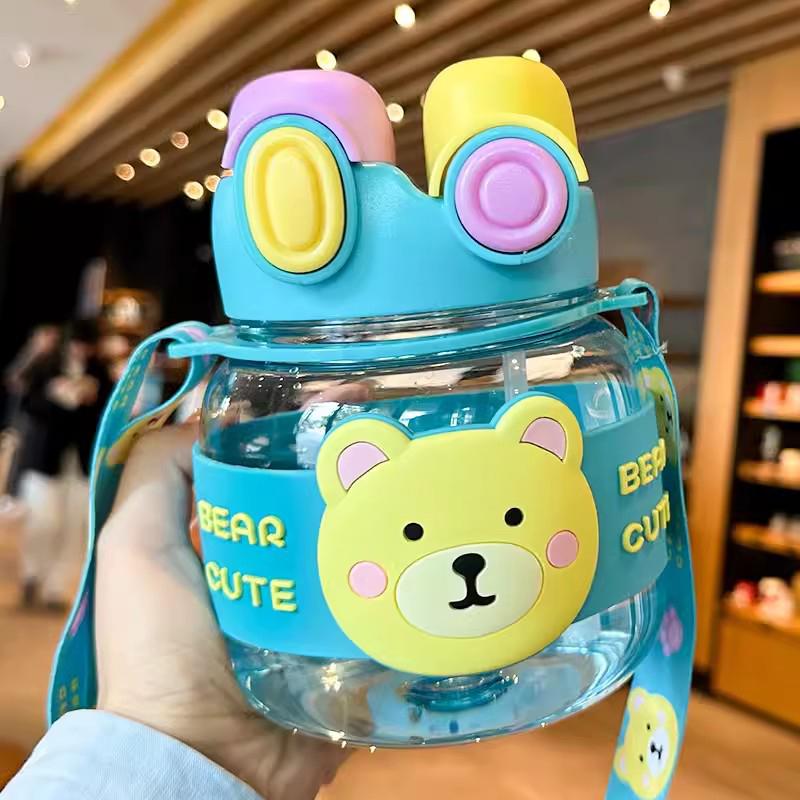 Kawaii Bear Water Bottle 1 Litre With Strap Straw For Kids Large Cute Plastic Coffee Bubble Milk Tea Juice Travel Drink Bottle 1000ml синий