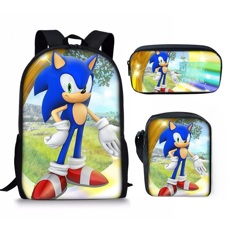 Sonic Sonic Primary School Bag Three-Piece Set, Animation Cartoon Backpack, Shoulder Bag Pencil Case