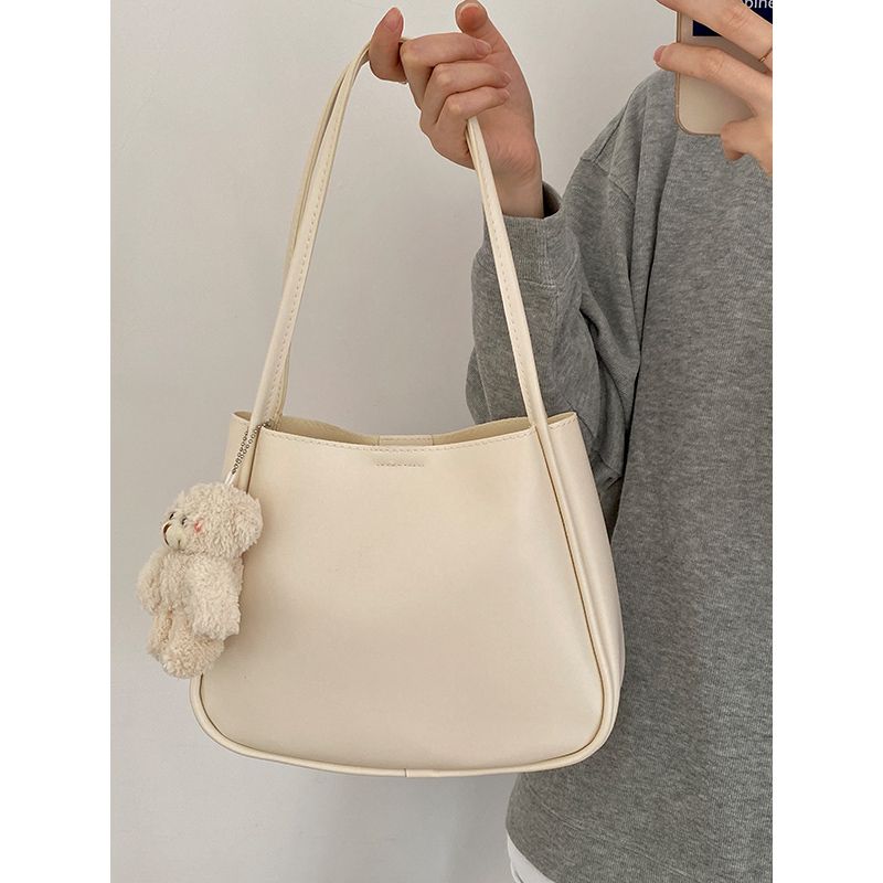 

Women s Bag Spring K-style Soft Leather Leisure Commute Bucket Rice White with small bag