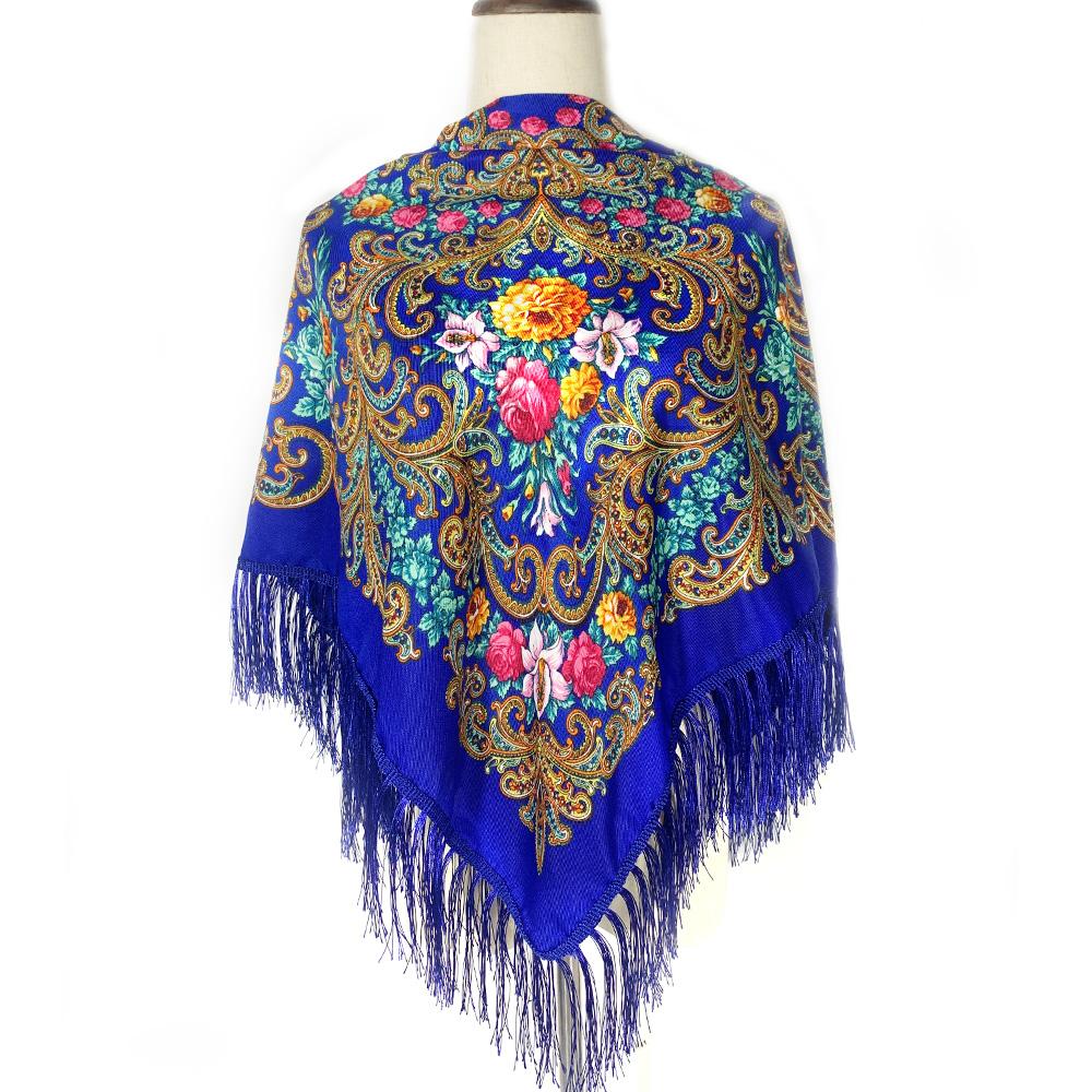 Retro Style Ukrainian Fringed Shawl Russian Floral Print Square Scarf Babushka Bandana Handkerchief Female Head Wraps