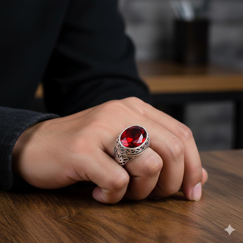 Anello da Uomo Antico in Argento Sterling 925 Filigranato con Granato Rosso Oversize Anello Statement Gioielleria Etnica Stile Ottomano