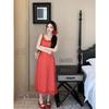 French Retro Temperament Floral Red Polka Dot Suspender Dress New Waist Thin Holiday Style Long Dress Summer