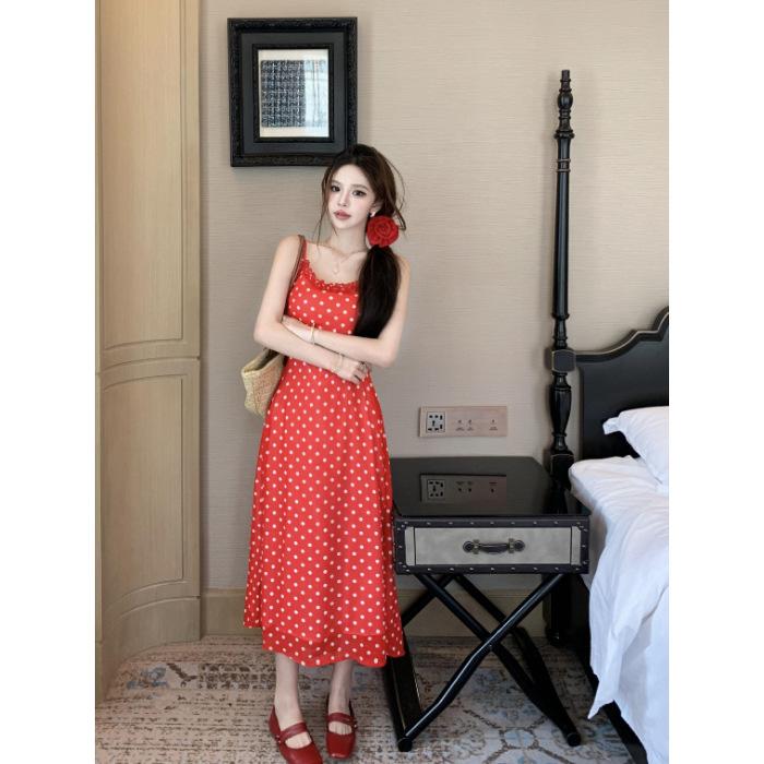 French Retro Temperament Floral Red Polka Dot Suspender Dress New Waist Thin Holiday Style Long Dress Summer