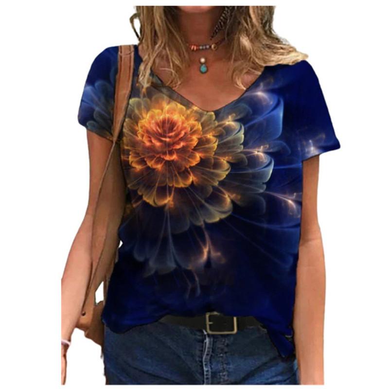 Summer V-neck 3D Floral Print Top Fashionable Casual Short Sleeved Women's T-shirts