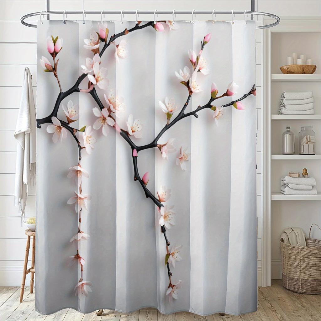 1 shower curtain with black branches and pink peach print on white background, high quality polyester fabric with hooks