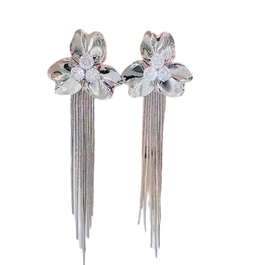 New European And American Style High End Rhinestone Flower Tassel Earrings For Women Statement Luxury Drop Earrings