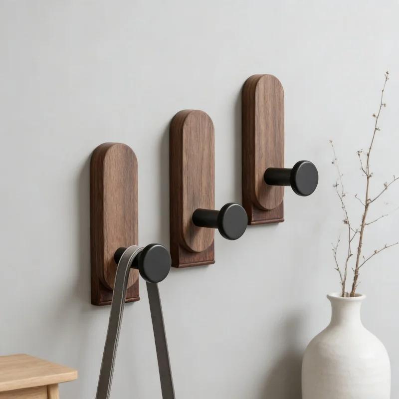Ganchos de Pared de Madera de Nogal Adhesivos para Colgar Abrigo Toalla Ropa Manta Sombrero Mochila Bata Entrada Portallaves