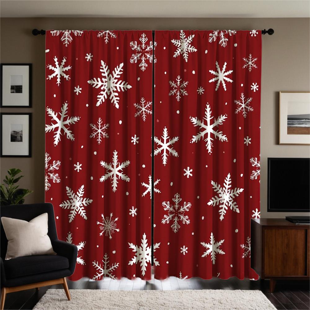 2-piece set of high-definition digital printed curtainred background with white snowflakes curtain rod pocket styleHome decorati