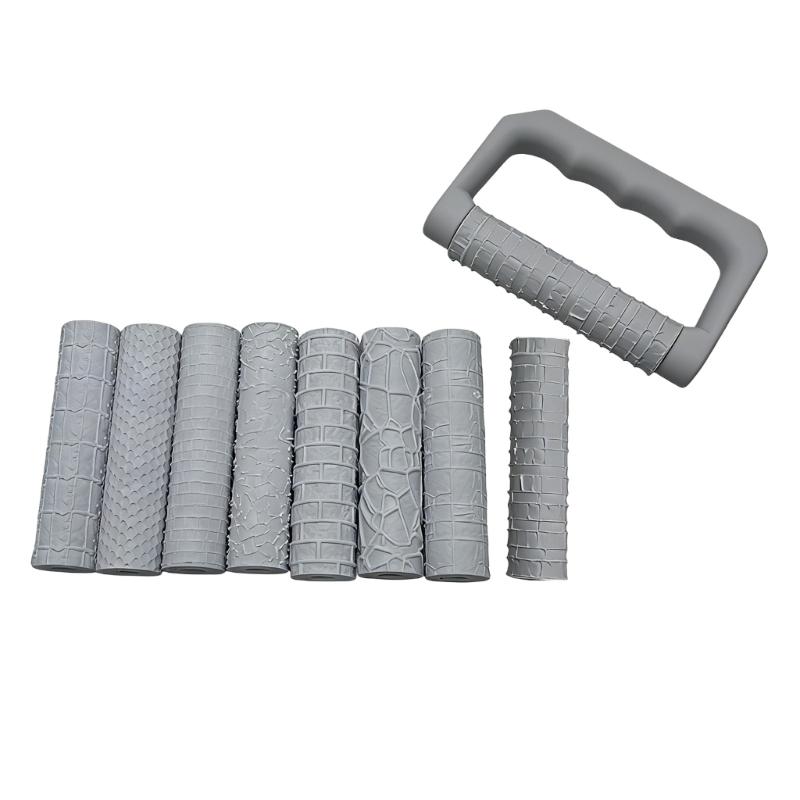 

Pack of 9 Clay Modeling Rollers Set With 8 Different Textures Wheel and One Handle Perfect For Miniature Landscapes сірий