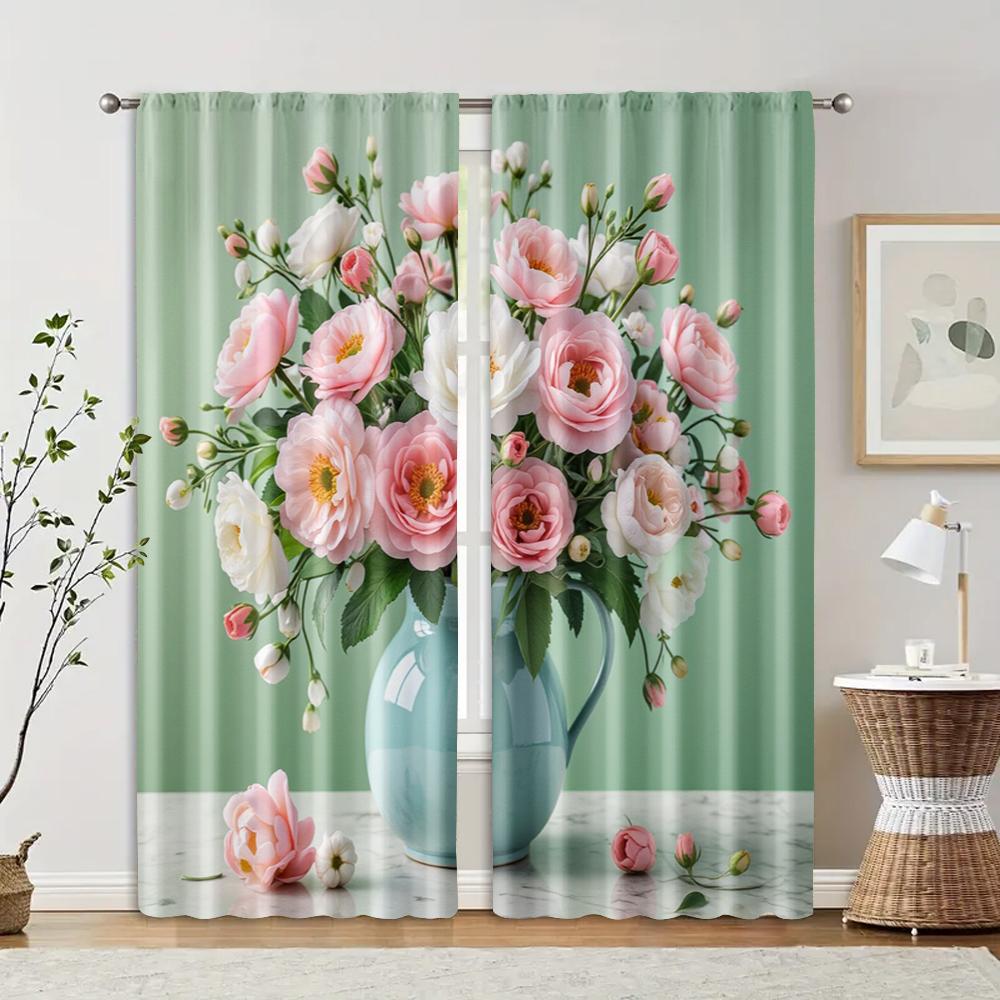 2pcs, Popular Curtain Panels Green Flowers Machine Washable Polyester (without rod) Stuff Clearance for Kitchen Living Room