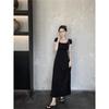 Fashion and Foreign Style Spice Girl Square Neck Short-sleeved Dress Women's Summer New Slim and Thin Solid Color a Word Medium and Long Skirt