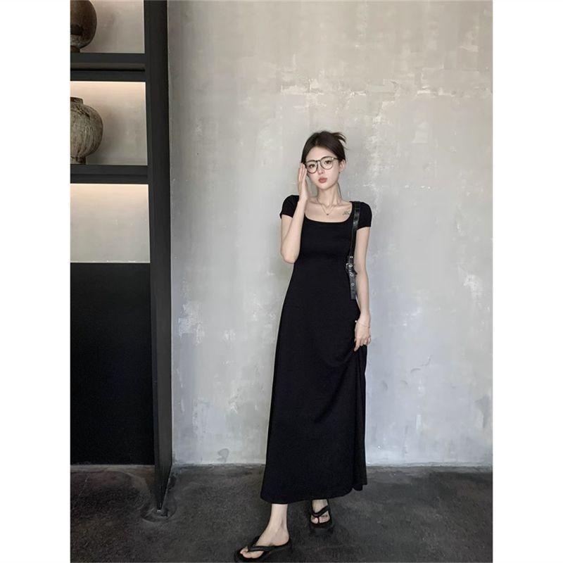 Fashion and Foreign Style Spice Girl Square Neck Short-sleeved Dress Women's Summer New Slim and Thin Solid Color a Word Medium and Long Skirt