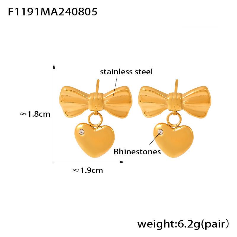 Gold-Plated Zircon Heart Stud Earrings with Pleated Bow Design