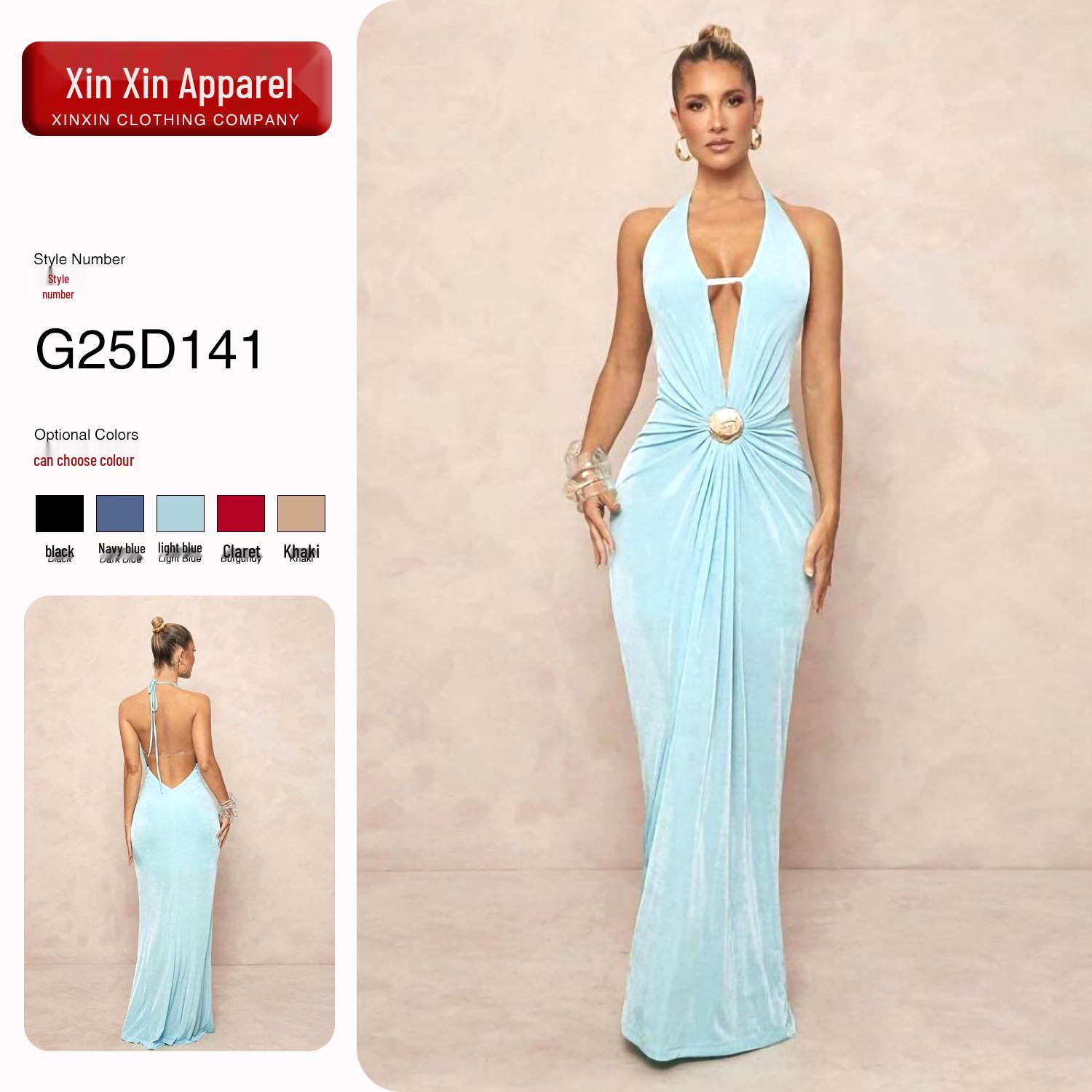 

European Style Halter Neck Backless Dress with Metal Buckle Waist for a Slimming Fit Small світло-синій колір