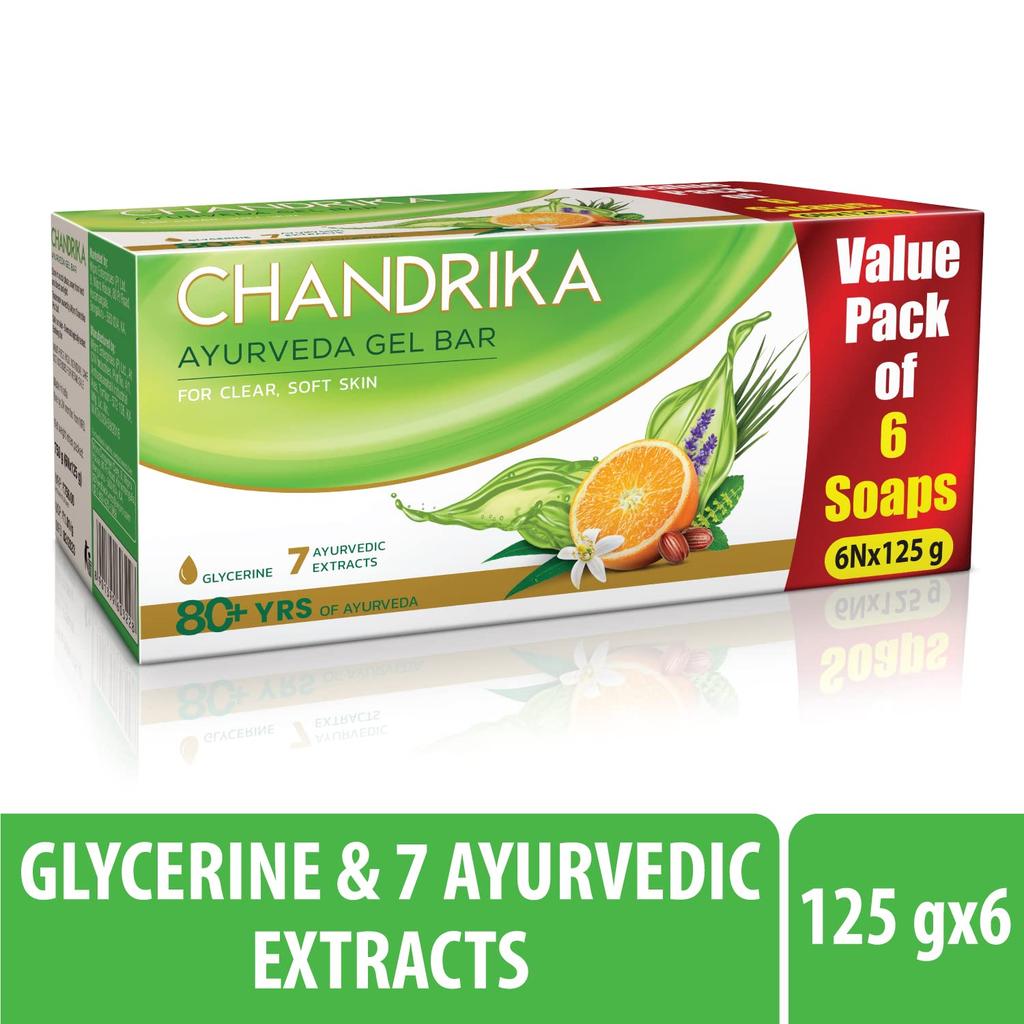 Chandrika Glycerine Ayurveda Gel Bar Soap With Jojoba Oil For Moisturized Skin | Gentle Herbal Bath Bar For All Skin Types | (125g X 6N) Pack Of 1